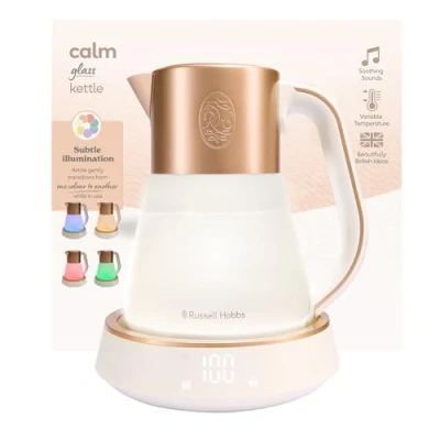 Obrázek Russell Hobbs Skleněná rychlovarná konvice [1,7 l, nastavení teploty 40 100] Calm (LED osvětlení, uklidňující zvuky, technologie tichého vaření, funkce udržování teploty, digitální displej, dotykové
