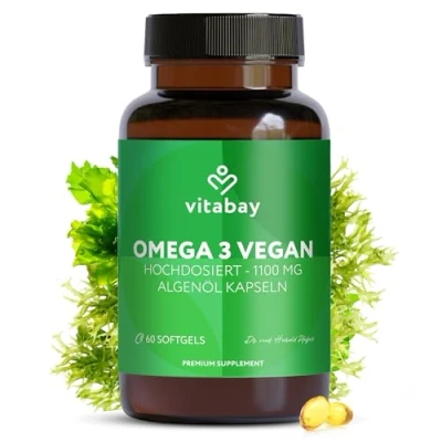 Obrázek Vitabay Omega 3 kapsle ve vysokých dávkách Vegan 60 s řasovým olejem 1100 mg DHA EPA Omega3 z řas veganské