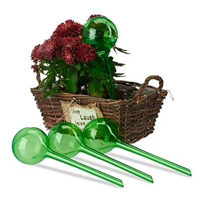 Obrázek Relaxdays Zavlažovací koule, 4dílná sada, dávkované zavlažování, 2 týdny, zapuštěné, rostliny, dekorace, plast, zelená, PVC, standardní