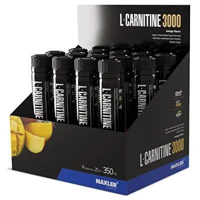Obrázek Maxler L Carnitine 3000 Mango 14 x 25 ml Vysoké dávky Carnitin Liquid Veganský doplněk stravy mg účinku v jedné porci porcí