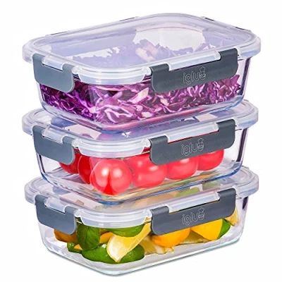 Obrázek Igluu Meal Prep Glasbehälter mit auslaufsicheren Schnappverschlüssen luftdichte Aufbewahrung von Lebensmitteln. BPA frei, mikrowellengeeignet, backofen und spülmaschinenfest 1050ml (3er Pack)