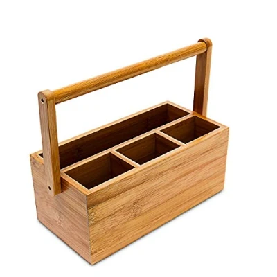 Obrázek Relaxdays organizér na psací stůl z bambusu v x š h: cca 20 25 11,5 cm Držák propisky se 4 přihrádkami a rukojeť nošení jako úložný box stolní přihrádka/butler tužky ze dřeva, přírodní
