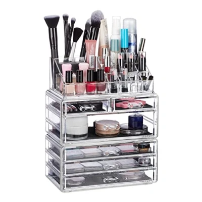 Obrázek Relaxdays, transparentní Organizér na kosmetiku se 6 zásuvkami, 22 přihrádkami make up, akrylový úložný prostor, standardní