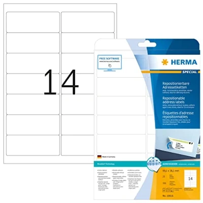 Obrázek HERMA 10016 univerzální odlepitelné etikety, 25 listů, 99,1 x 38,1 mm, 14 archů pro A4, 350 kusů, samolepicí, potištěné, matné, prázdné papírové lepicí bílé