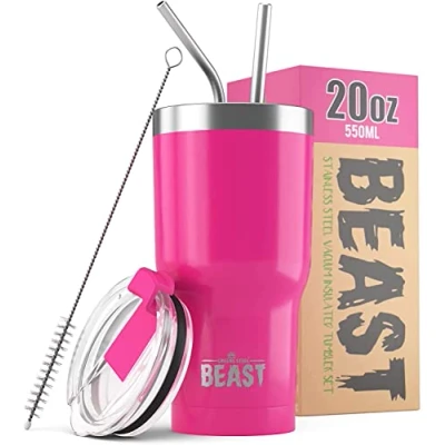 Obrázek Beast termohrnek 550 ml Cup Cake Pink I opakovaně použitelný na kávu s sebou se 2 slámkami a čisticím kartáčkem Dvoustěnný pohárek pití z ušlechtilé oceli Perfektní nebo