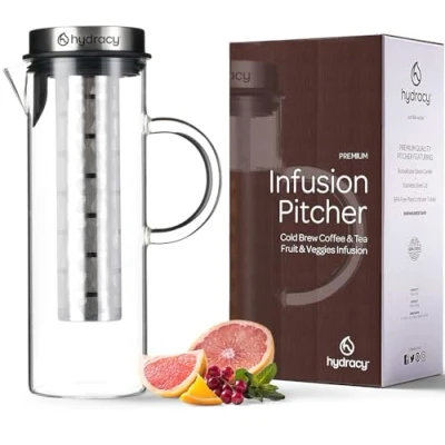 Obrázek Cold Brew Kaffee Kalt Zubereiter Große Glas Karaffe 1,5L für Eiskaffee und Eistee mit Deckel aus Edelstahl engmaschigem Filter BONUS Obstaufguss Schlauch Aroma Wasser Früchten