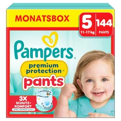 Obrázek Pampers Dětské plenky Pants velikost 5 (12 17 kg) Premium Protection, Junior s taštičkou proti zastavení a ochraně, měsíční box, 144 plenek do kalhotek