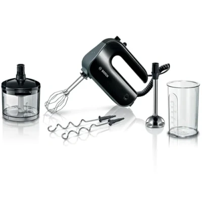 Obrázek Bosch Ruční mixér Home Professional Styline MFQ4980B, 5 stupňů, 2 háčky na míchání a hnětací háky z ušlechtilé oceli, mixovací tyč univerzální sekáček, 850 W, černá/tmavá stříbrná