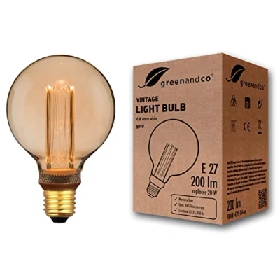Obrázek greenandco® Vintage designová LED žárovka pro náladové osvětlení E27 G95 Edison 4 W 200 lm 1800K zlatá extra teplá bílá 320 230 V bez mihotání, nestmívatelná
