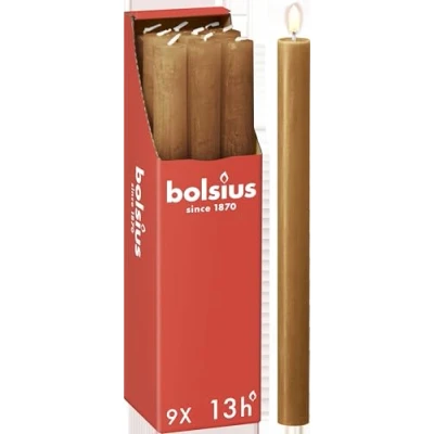 Obrázek Bolsius Rustikální svíčky světle hnědé 9 kusů 27 x 2. 3 cm délka hoření 13 hodin neparfémované obsahuje přírodní rostlinný vosk bez palmového oleje