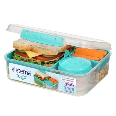Obrázek Sistema Bento Box TO GO Brotdose mit Fächern 1,65 L Lunchbox Joghurt /Fruchtbehälter für Kinder &amp; Erwachsene BPA frei Blaugrün [21690 8T]