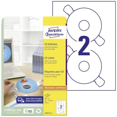 Obrázek AVERY Zweckform L6015 25 samolepicí CD etikety vč. centrovací pomůcky (50 neprůhledných nálepek na CD, Ø 117 mm A4, ClassicSize, tištěné lepicí pro všechny tiskárny A4) listů, bílé
