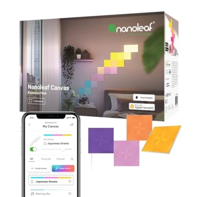 Obrázek Nanoleaf Canvas Erweiterungspack, 4 zusätzliche LED Lichtquadrate Smarte Modulare WLAN RGBW Panels, 16 Mio. Farben Wandleuchte Innen, Musik &amp; Bildschirm Sync, Funktioniert mit Alexa