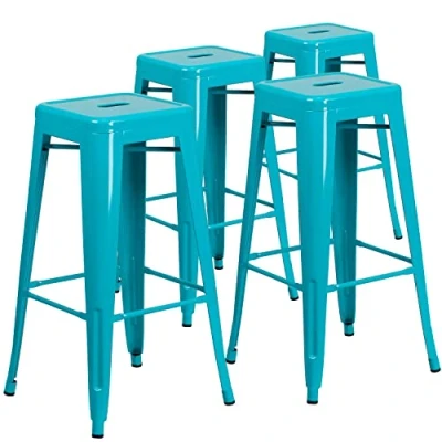 Obrázek Flash Furniture Barhocker, kommerzielle Qualität, 76 cm hoch, ohne Rückenlehne, Metall, für Innen und Außenbereich, quadratische Sitzfläche, Eisen, Kunststoff, Kristall Türkisblau, 4 Stück