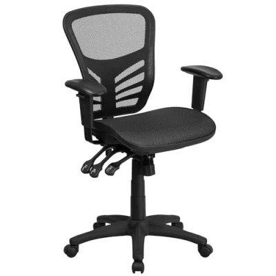 Obrázek Flash Furniture Chefsessel mit verstellbaren Armlehnen, vielseitig, drehbar, mittelhohe Rückenlehne, transparente, schwarzes Mesh, Metall, 58,4 x 72,4 111,3 cm