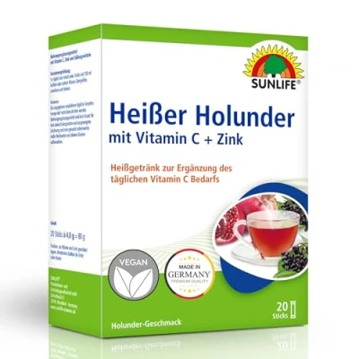 Obrázek SUNLIFE Horké bezinky s vitamínem C a zinkem 1x20 tyčinek práškem z granátového jablka horký nápoj na podporu imunitního systému denní dávku 240 mg vitaminu 2,5 zinku