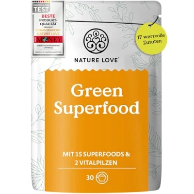 Obrázek NATURE LOVE® Green Superfood 300 g 15 superfoods a 2 vitálních hub mj. s ječmenem, spirulinou moringou zelený prášek bez aromat, sladidel nebo přidaného cukru veganské laboratorně