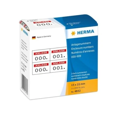 Obrázek HERMA 4832 Číselné štítky čísla 0 999, dvojité, 2000 kusů, 22 x 15 mm, samolepicí, matné, 2krát průběžné papírové číselné štítky, příloh v zásobníku, červené