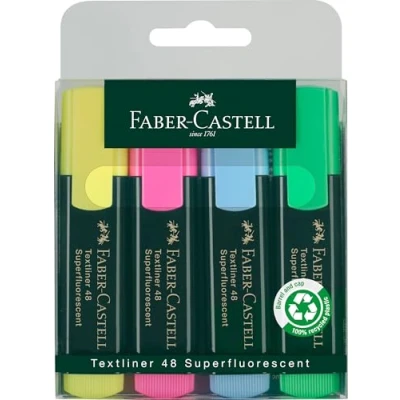 Obrázek FABER CASTELL 154804 sada zvýrazňovačů TL 48, 4dílná pouzdra, neonové barvy, s trvanlivým klínovým hrotem, šířka linky 1 5 mm, doplňovací