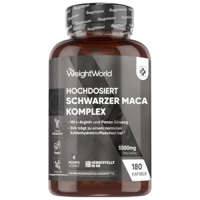 Obrázek Kapsle maca 5550 mg v jedné kapsli zásoba 6 měsíců černý a žlutý komplex s L argininem, panax, ženšen, pepř zinek 180 práškových kapslí pro ženy muže WeightWorld