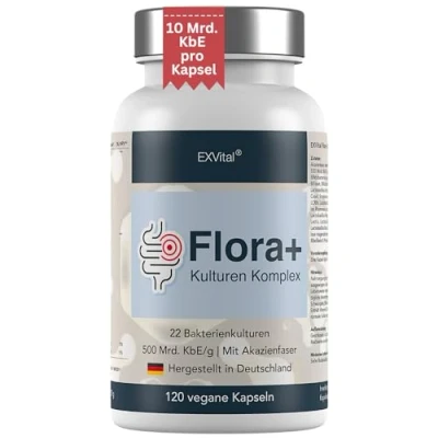 Obrázek EXVital Komplex kultur Flora+ s 500 miliardami CFU/g 22 bakteriálních akátovými vlákny účinné střevní bakterie mj. Lactobacillus Salivarius a bifidobakterie, 120 veganských kapslí