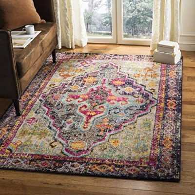 Obrázek SAFAVIEH Boho koberec do obývacího pokoje, jídelny, ložnice Monaco Collection, krátká předsíň, šedá a fuchsiová, 122 X 170 cm