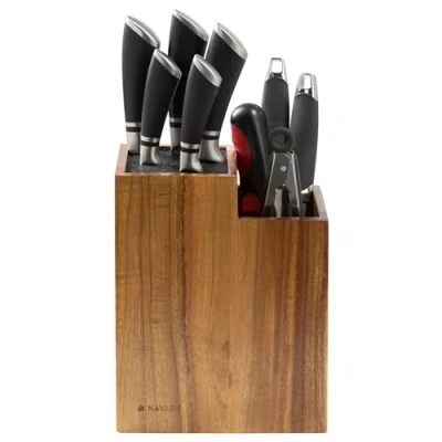 Obrázek Navaris blok na nože bez z akácie kvalitní držák omyvatelné štětiny ochrana a skladování kuchyňských pomůcek dřevěný Knife Holder prázdný