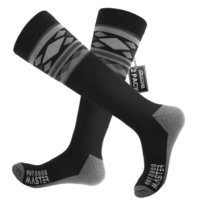 Obrázek OutdoorMaster 2 páry unisex lyžařské ponožky z merino vlny pro dámy a pány, zimní snowboarding prodyšné outdoorové sporty s OTC designem / protiskluzové manžety