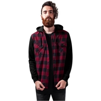 Obrázek Urban Classics Pánská mikina s kapucí Checked Flanel Sweat Sleeve Shirt volnočasová košile, Vícebarevné (Blk/Burgundy/Blk 798)
