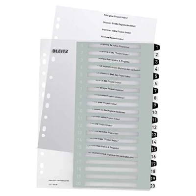 Obrázek Leitz Register für A4, PC beschriftbares Deckblatt und 20 Trennblätter, Taben mit Zahlenaufdruck 1 20, Überbreite, Weiß/Schwarz, Polypropylen, WOW, 12170000