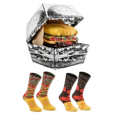 Obrázek Rainbow Socks ponožky do Hamburku Box dámské pánské veselé Cheeseburger v krabičce Novelty dárek pro milovníky hamburgerů a rychlého občerstvení 2 páry, vícebarevné