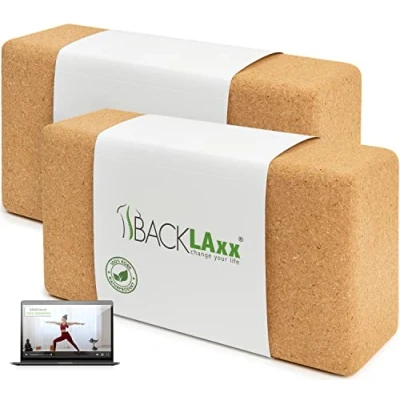 Obrázek BACKLAXX ® jóga Blok, 2dílná sada z korku 100% udržitelný blok na jógu, perfektní příslušenství a pro pilates, 2 bloky jógu jako vč. aplikačních videí, bloků