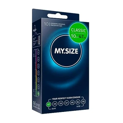 Obrázek MY.SIZE Klasické kondomy velikost 1 I šířka 47 mm 10 kusů standardního balení prémiové extra tenké velmi jemné 0,07 tloušťka stěny veganské pro