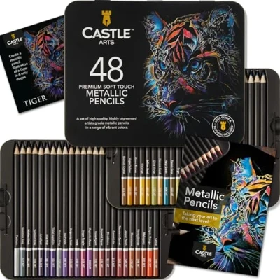 Obrázek Castle Art Supplies Sada metalických tužek barevné náplně ve 48 třpytivých barevných odstínech s voskovými jádry pro zkušené umělce, profesionální a umělce prezentační krabička z plechu