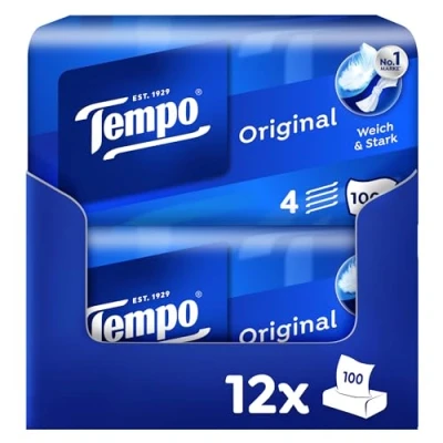 Obrázek Tempo Originální krabička na kapesníky výhodné balení 12 boxů, 100 ubrousků v krabičce extra silné, měkké papírové kapesníky, lze prát pračce