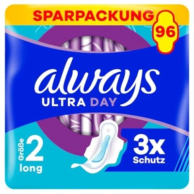 Obrázek Always Ultra obvazy dámské vel. 2, Long, 96 dámských vložek s křídly (3 x 32 kusů) Multipack, ultratenké a super absorpční