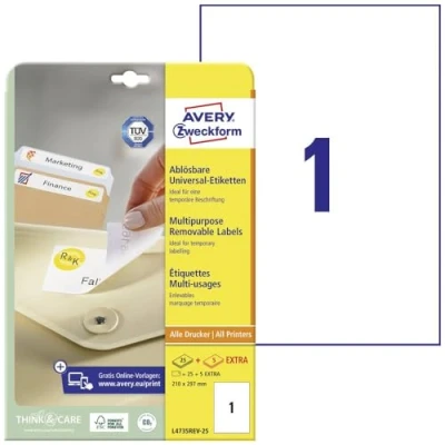 Obrázek AVERY Zweckform L4735REV 25 univerzální etikety (25 plus 5 lepicích etiket extra, 210 x 297 mm na A4, lze opět beze zbytku odstranit/odstranit, potisknutelné, samolepicí nálepky) 30 listů, bílé