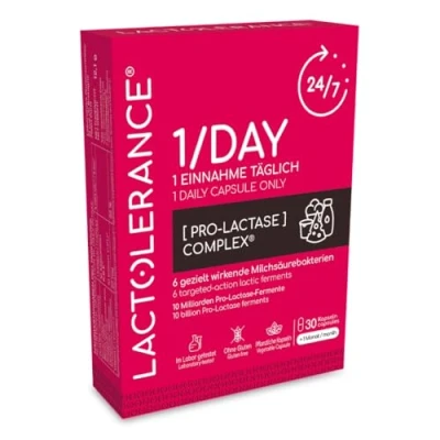 Obrázek Lactolerance 1Day I předchůdce laktázy 24hodinová ochrana, pouze jedna kapsle denně zlepšuje trávení laktózy každá úroveň nesnášenlivosti 1 měsíc mikrobiotické ošetření