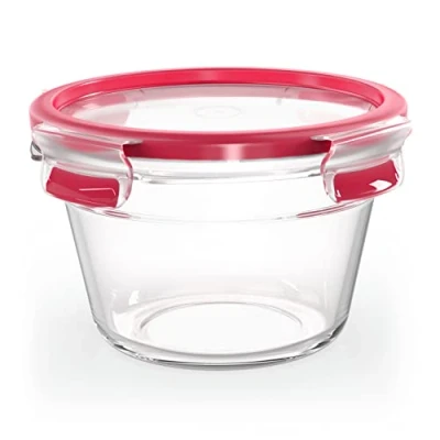 Obrázek Emsa N10404 Clip &amp; Close Glas Frischhaltedose rund 0,9 L stapelbar gefrierfest backofenfest mikrowellenfest rutschfestes Stapeln 100% dicht spülmaschinenfest Transparent/Rot