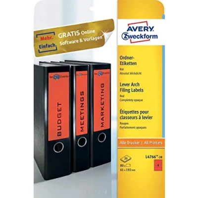 Obrázek AVERY Zweckform L4766 20 etikety na hřbety pořadačů (80 štítků hřbetu s ultra gripem, 61 x 192 mm A4, široké/krátké, samolepicí, absolutně neprůhledné, potiskovatelné pořadače)