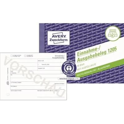 Obrázek AVERY Zweckform 1205 doklad o příjmu/výstupu (A6 na šířku, recyklovaný papír s 1 listem modrého papíru, testováno právními experty pro Německo řádné, 50 listů), bílý