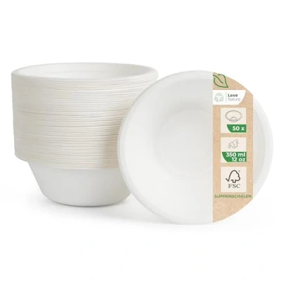 Obrázek Love Nature Ekologické jednorázové misky na polévku z cukrové třtiny, kotlety (350 ml 50 kusů) Jednorázová miska s dlouhou životností