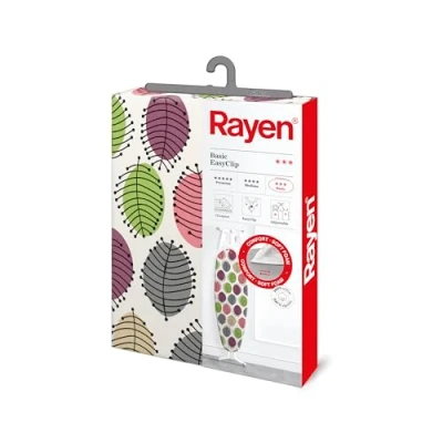 Obrázek Rayen Univerzální potah na žehlicí prkno EasyClip nastavitelný 2 vrstvy: pěnová hmota a 100% bavlněná tkanina základní sortiment velikost: 130 x 47 cm tlumící, bílý