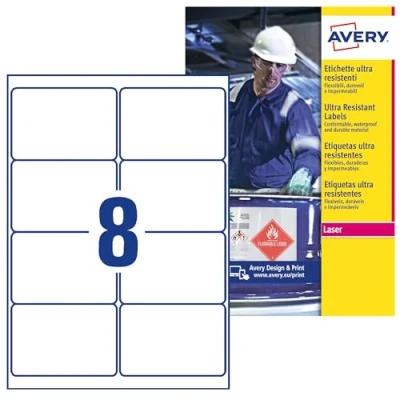 Obrázek AVERY Zweckform L7914 10 odolné fóliové etikety (80 nálepek, 99,1 x 67,7 mm na A4, extrémně silné samolepicí, pro obtížné povrchy, potiskovatelná venkovní lepicí fólie) listů, bílá