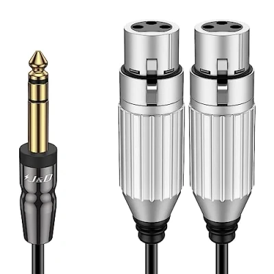 Obrázek J&amp;D TRS 6,35 mm 1/4 na Dual XLR Y Splitter Kabel, PVC loupaný 2x zdířka palce mužský nevyvážený stereo audio patch adaptér kabel pro mic kytaru reproduktor mixér AMP, 1,8 m