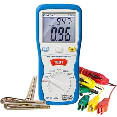 Obrázek PeakTech P 2700 digitální zemnicí měřicí přístroj zemní tester s osvětleným dvojitým LCD displejem a 2 tyče profesionální pro AC/DC testováno TÜV/GS CAT III 1000 V