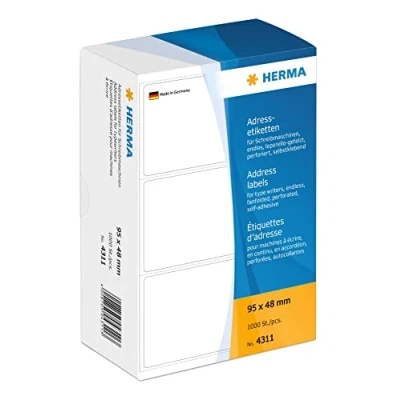 Obrázek HERMA 4311 nálepky na popisovací stroje, nekonečné (95 x 48 mm, papír, matné, leporello přeložené) samolepící, permanentní přilnavé adresové štítky, 1 000 samolepicích štítků, bílé