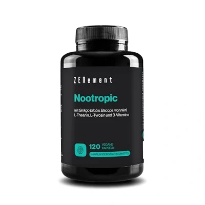 Obrázek Nootropic, s Ginkgo Biloba, Bacopa, zeleným čajem, tyrosinem a vitamíny B, 120 kapslí paměť, kognitivní funkce, jasné myšlení veganské, laboratorně testováno Zenement