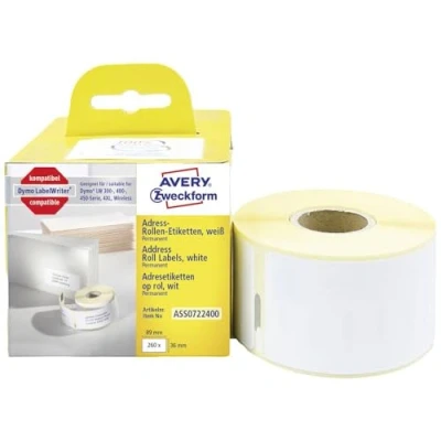 Obrázek AVERY Zweckform ASS0722400 Dymo LabelWriter adresní štítky kompatibilní se S0722400 (36 x 89 mm, 1 role 260 nálepka na adresy, samolepicí, pro LW tiskárna štítků/popisovací zařízení/páska