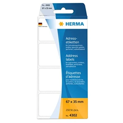 Obrázek HERMA 4302 Adresní štítky pro psací stroje, nekonečné, 67 x 35 mm, 250 kusů, samolepicí, matné, leporello složené, prázdný papír nálepky na adresu samolepicí samolepky, bílé